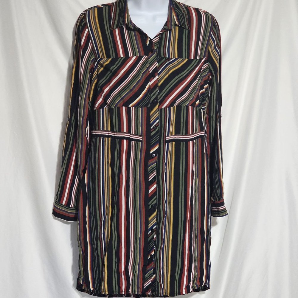LOVE Notes Vertical Striped Fall Hues Button Down Shirt Dress Size M